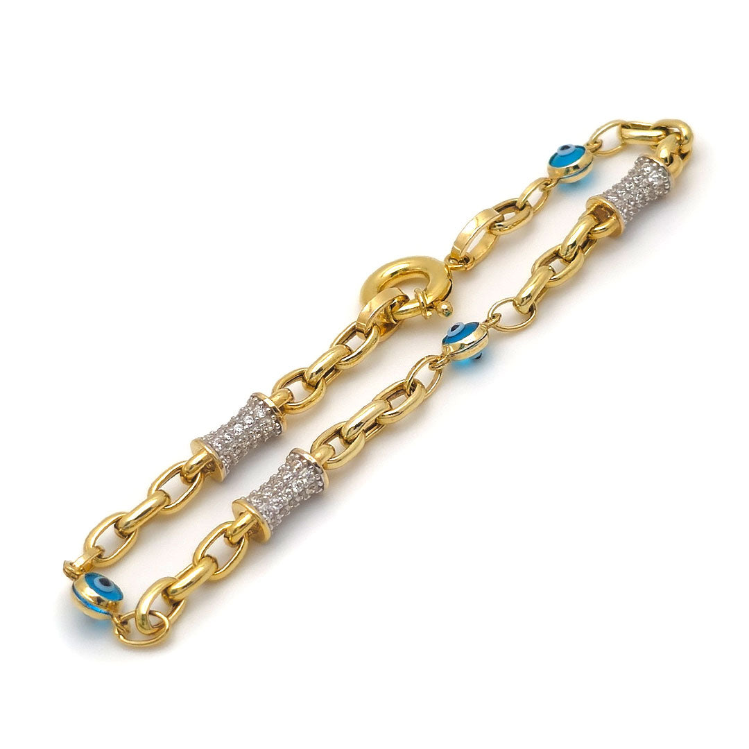 10k Evil Eye & CZ Barrel Bracelet with Circle Toggle Lock Side